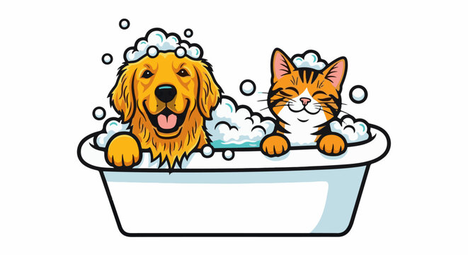 Happy dog and cat enjoying a bubbly bath in a tub