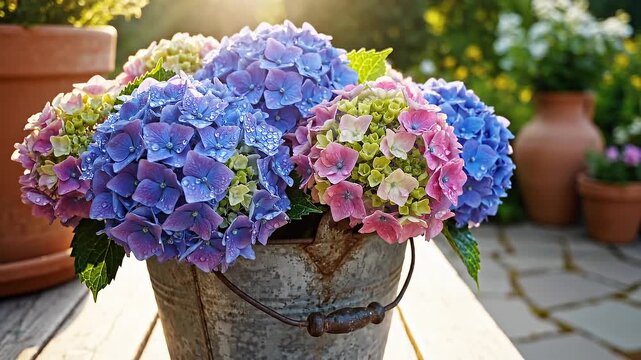 Vibrant colorful hydrangea flower bouquet glowing in rustic bucket. Peaceful garden nature scene basking in warm gentle sunlight