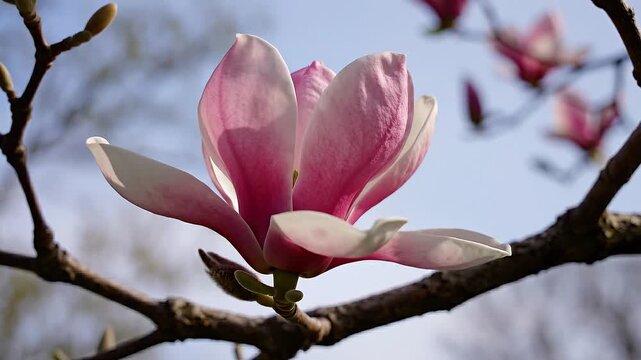 Tranquil spring nature scene of delicate pink magnolia flower blooming on branch. Serene close up of beautiful bloom against clear blue sky