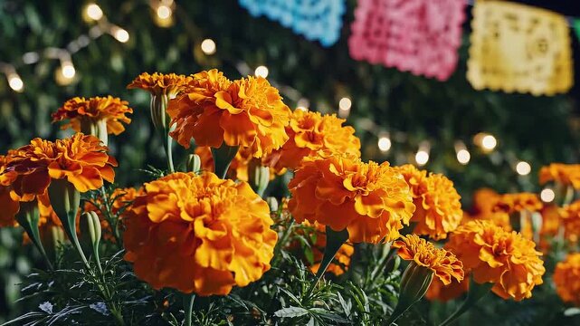 Vibrant orange marigold flower for Day of Dead celebration altar, spiritual offering in nature with festive papel picado