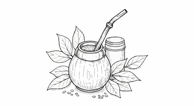 Hand-drawn sketch of a gourd with straw, beside a container, surrounded by leaves and seeds