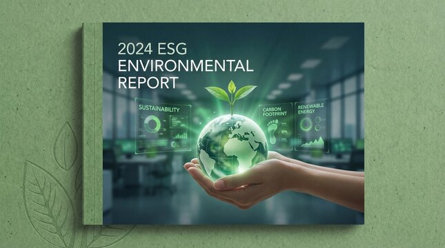 2024 ESG Environmental Report with hand holding green globe and plant sprout