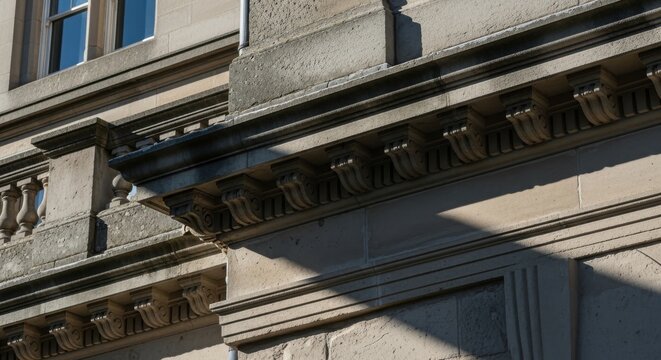 Intricate stone cornice detail on a classical building facade, highlighted by dramatic shadows and sunlight.