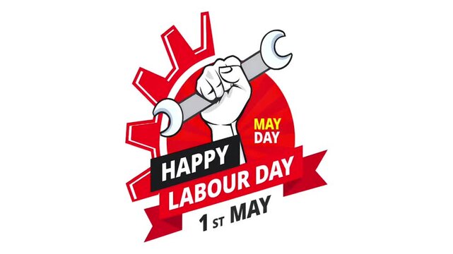 Happy Labour Day 1st May Animated Banner Fist Wrench Gear Typography