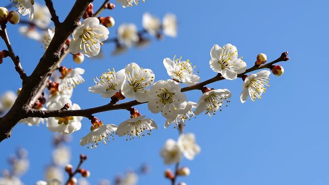 Beautiful white spring blossom on delicate flower branch, serene nature scene against vibrant clear blue sky with warm sunlight