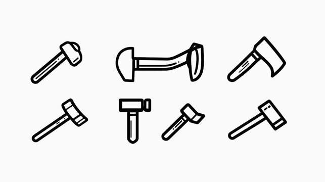 Black and white outline graphic of various hammers and axes, arranged on white