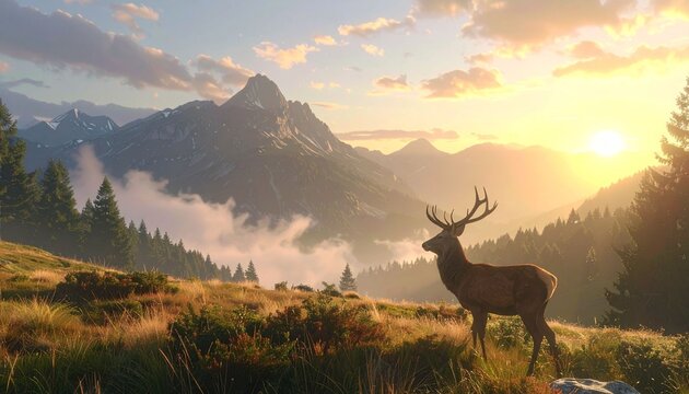 Deer silhouette in mountain landscape