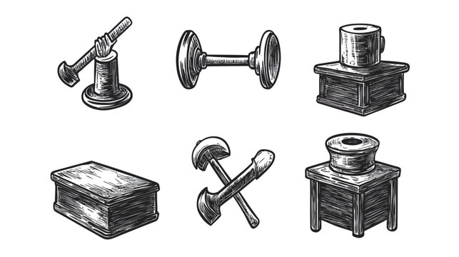 Hand-drawn grayscale illustrations of various objects on a white background, simple design