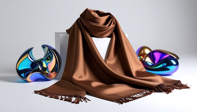 Elegant studio shot of a brown silk scarf draped over a white cube, with art objects