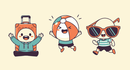 Fototapeta premium Cheerful cartoon characters ready for summer vacation adventures with luggage and beach ball.