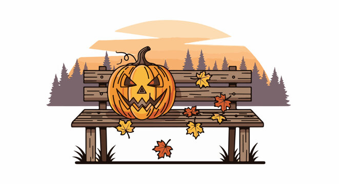 Jack-o-lantern on a wooden bench surrounded by autumn leaves and trees
