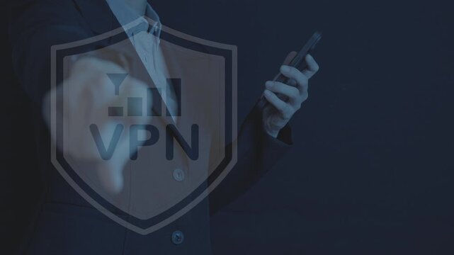 VPN, Virtual Private Network Protocol technology, Businesswoman connecting a private and secure connection over public Internet by smartphone for security, Encrypted connection.