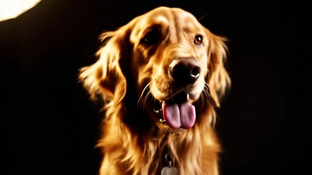 Happy golden retriever dog with open mouth panting and looking toward the left side in dark studio lighting.