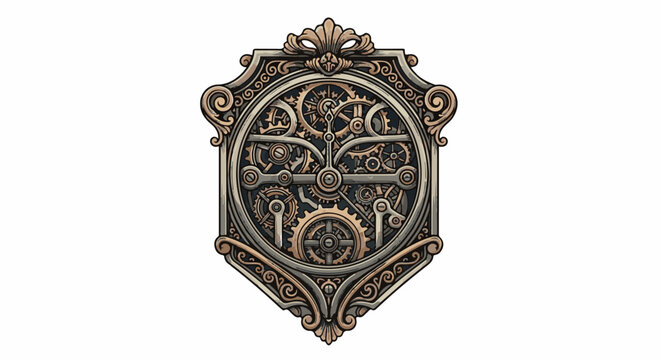 Intricate clockwork mechanism within an ornate, shield-like frame