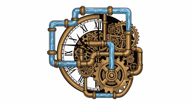 Intricate clockwork with brass pipes carrying blue liquid