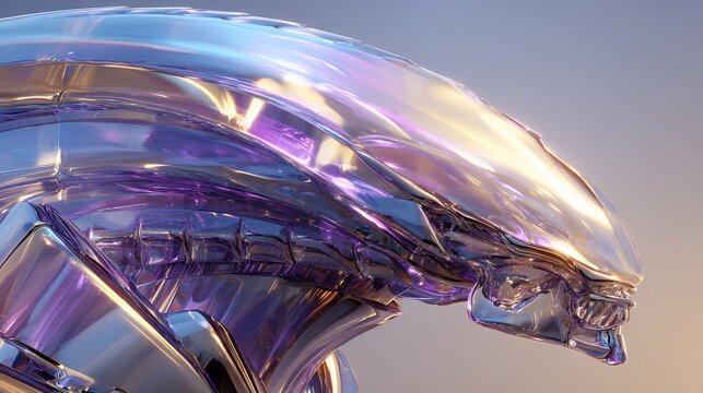 Close up of a metallic alien head with iridescent purple and blue colors