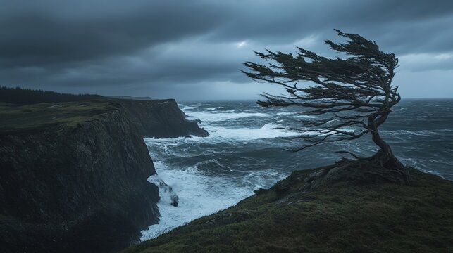 bent. Solitary tree on cliff edge during a fierce storm. travel magazines, destination branding, wall prints, designed for travel destination branding, used by chefs, elevates destination branding.