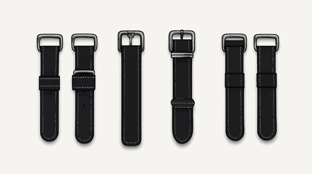 Six black watch straps with metal buckles, stylized illustration on light background