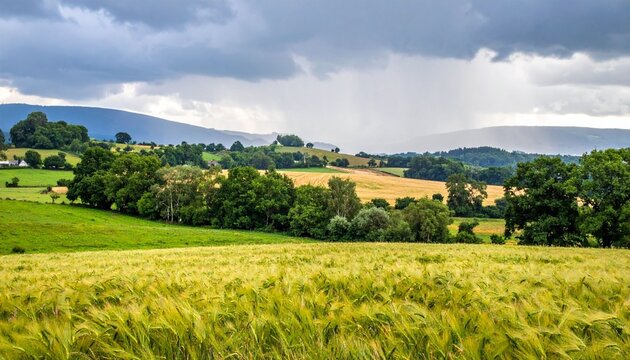 Green field landscape under stormy skies