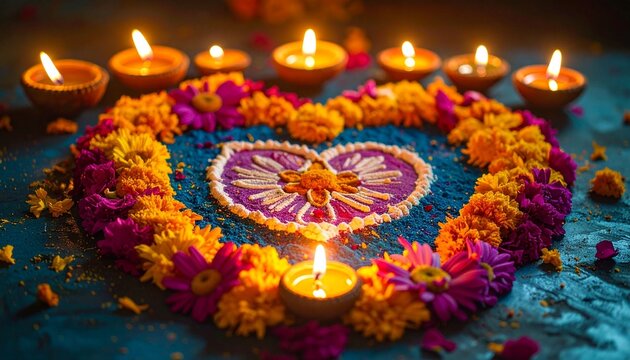 Heart shape floral arrangement with candles