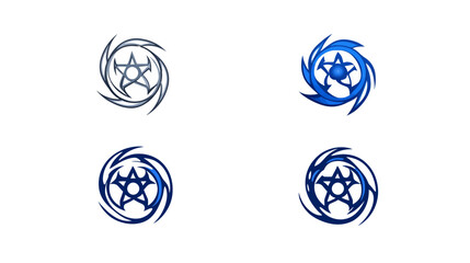 Fototapeta premium Four variations of a swirling star emblem in blue hues, isolated on a white background