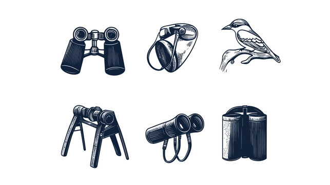 Collection of ink-style drawings showing binoculars, a monocular and a bird