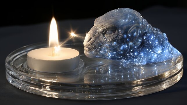 Illuminated alien head sculpture near a glowing candle