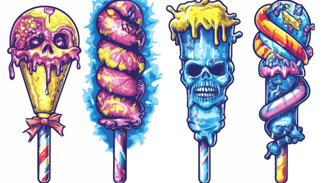 Four stylized spooky lollipops featuring skulls and candy, in varied colors