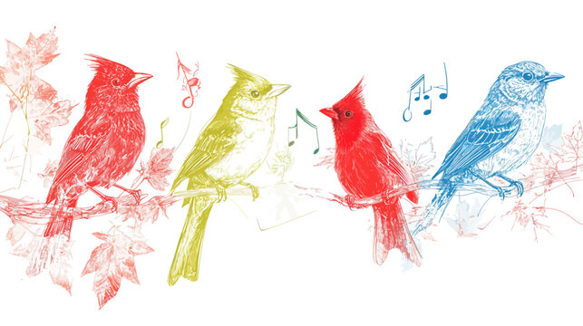 Colorful birds perched on a branch amidst leaves, musical notes float around them