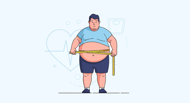 Overweight man measuring his large belly with a tape measure.
