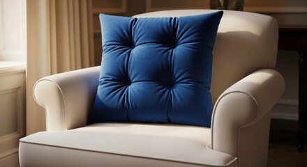 Fototapeta premium A luxurious sapphire blue velvet tufted cushion resting on a cream-colored armchair, evoking comfort and elegant home decor.