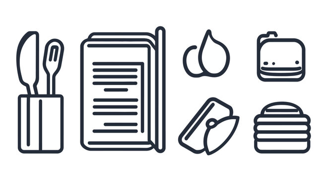 Illustration of meal components utensils, a menu, garlic, filled pita, burger, pancakes