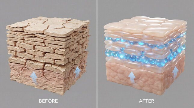 Dry skin layer comparison hydration effect moisture improvement healthy skin texture dermatology skincare rejuvenation elasticity smooth surface moisture barrier before and after 3D illustration