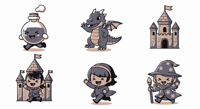 Set of six cute chibi fantasy character icons.