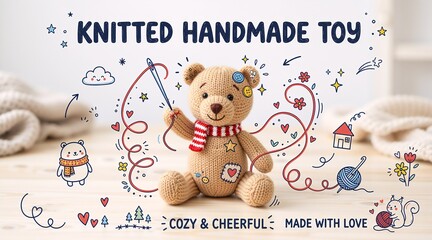 Fototapeta premium Knitted handmade teddy bear toy sitting on a wooden table. Cozy and cheerful amigurumi craft made with love. Cute plush gift for kids