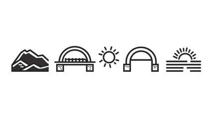 Fototapeta premium Minimalist icons of mountain, arch bridges, sun, and sunset over water on white background