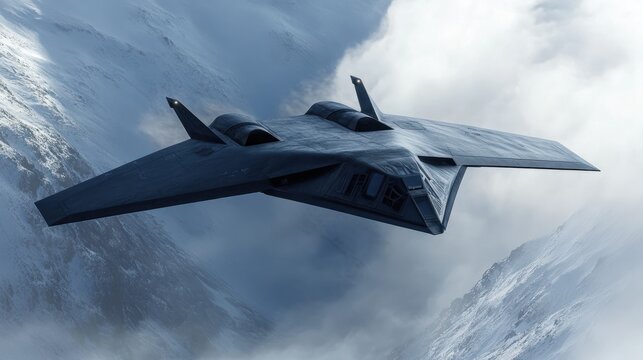 Stealth Bomber Flying Through Cloudy Sky.