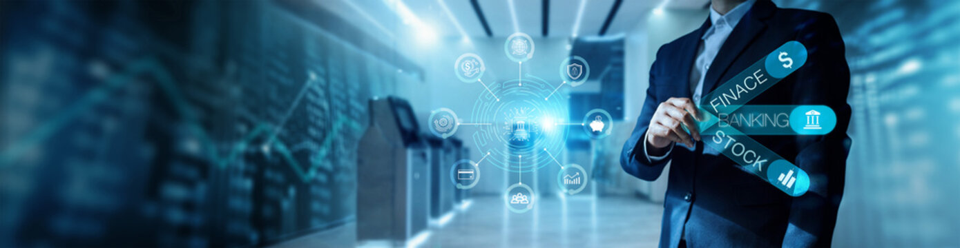 Businessman holding of word for business, finance, banking, stock, in hand with icon investment on network connection virtual screen, Modern business and technology.