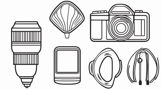 Outlined camera equipment lens, light, camera, recorder, microphone, and headphones