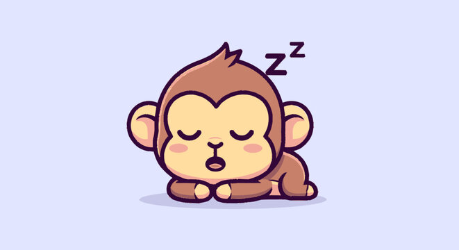 Cute Cartoon Monkey Sleeping Peacefully with Closed Eyes on Blue Background.