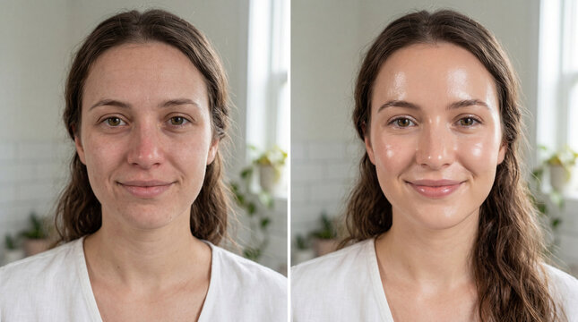 Before and after comparison of young woman with natural skin on left and glowing, radiant, healthy skin on right, both with neutral background