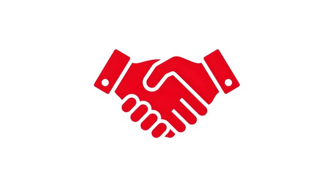 Red handshake icon symbolizing successful partnership and business cooperation. Minimalist solid graphic for corporate branding on white background.