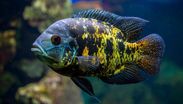 Close-up of vibrant yellow and black cichlid fish swimming in freshwater aquarium