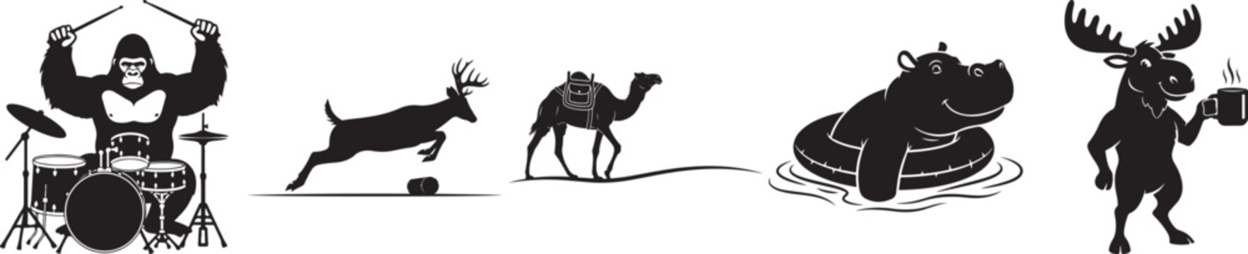 Funny animal silhouettes collection, gorilla playing drums and hippo in inner tube, moose drinking coffee and camel in desert vector set
