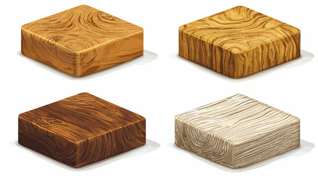 Four isometric wooden blocks with different grain patterns and colors on a white background