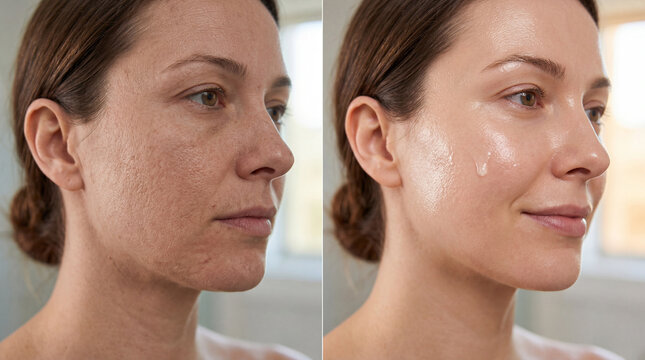 Before and after comparison of woman face showing visible improvement in skin texture, hydration, and radiance after skincare serum application, with natural indoor background