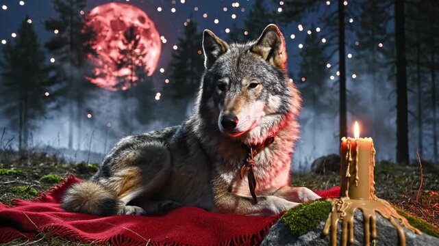 Wolf sits on red blanket in mystical forest under moon at night. Candle burns beside wolf in forest. Red moon shines on wolf. Mystical wolf rests in magical forest with moon and candle light.