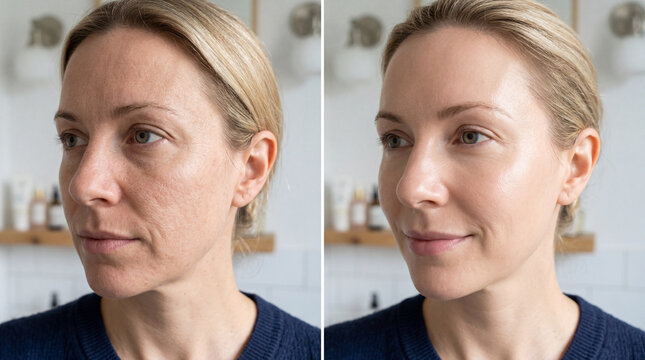 Skin texture improvement woman before and after smooth complexion skincare healthy skin natural light close up facial care beauty rejuvenation clear skin happiness