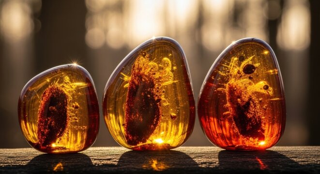 Three polished amber specimens revealing ancient organic inclusions illuminated by warm golden light