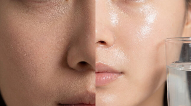 Dry skin hydrated skin face close up comparison skincare moisture healthy woman beauty texture water
